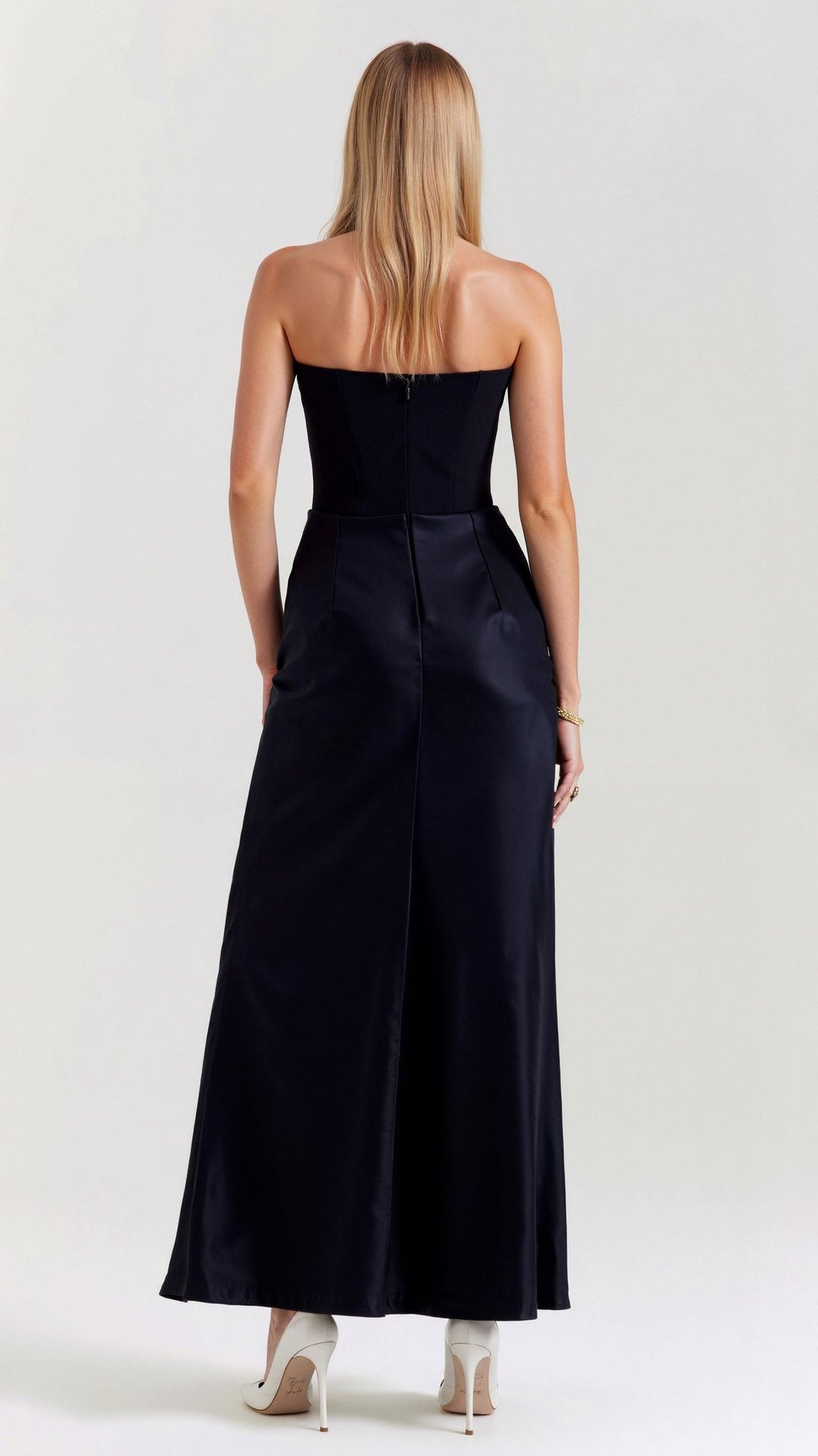 Adrienne | Strapless Corset Ruched Satin Maxi Formal Dress