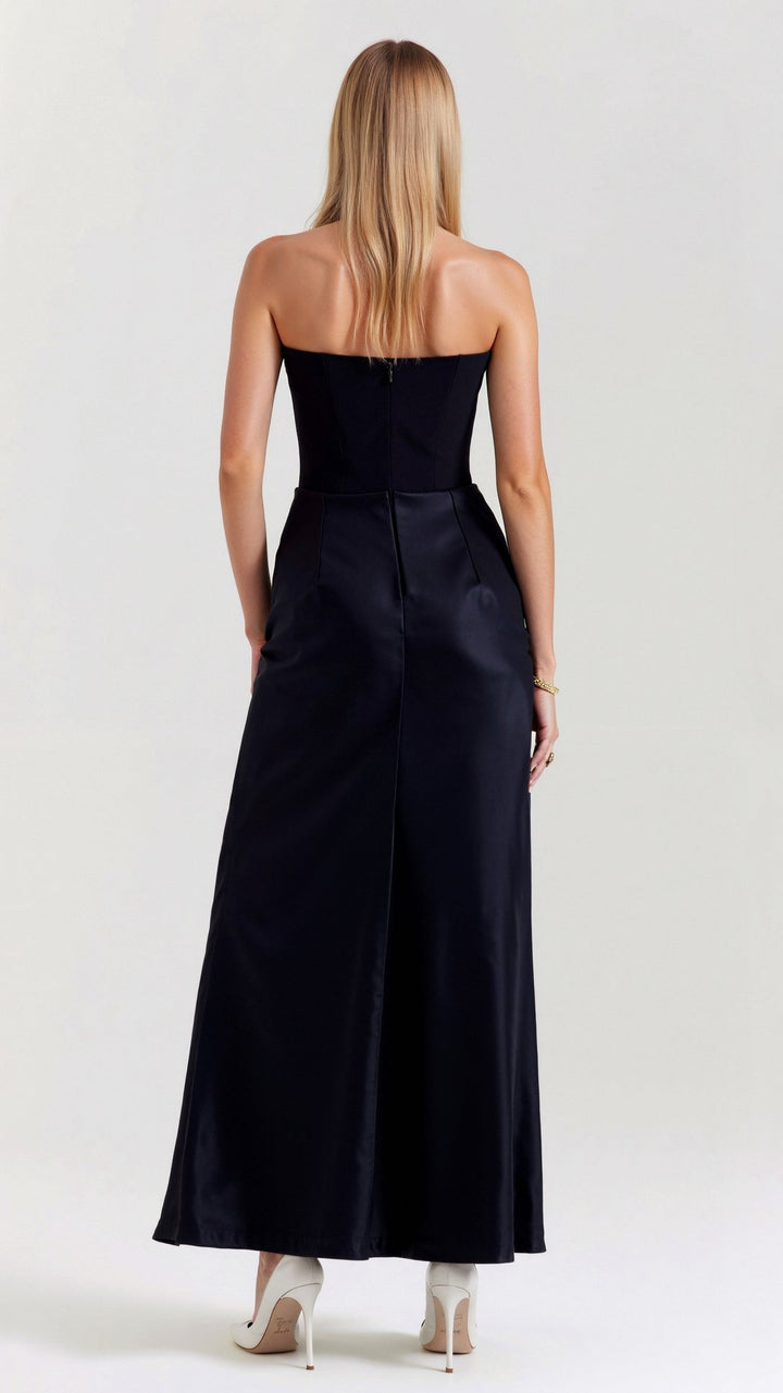Adrienne | Strapless Corset Ruched Satin Maxi Formal Dress