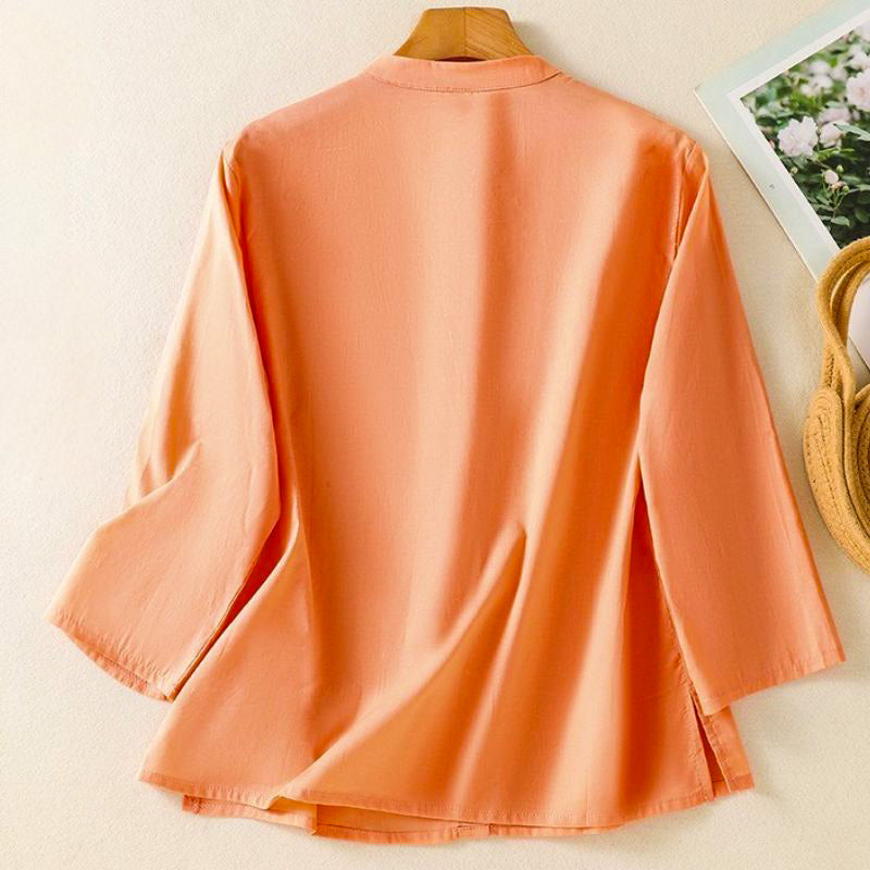 Cleo | Pearl Button Silk Blouse – Women's Elegant Flare Sleeve Top