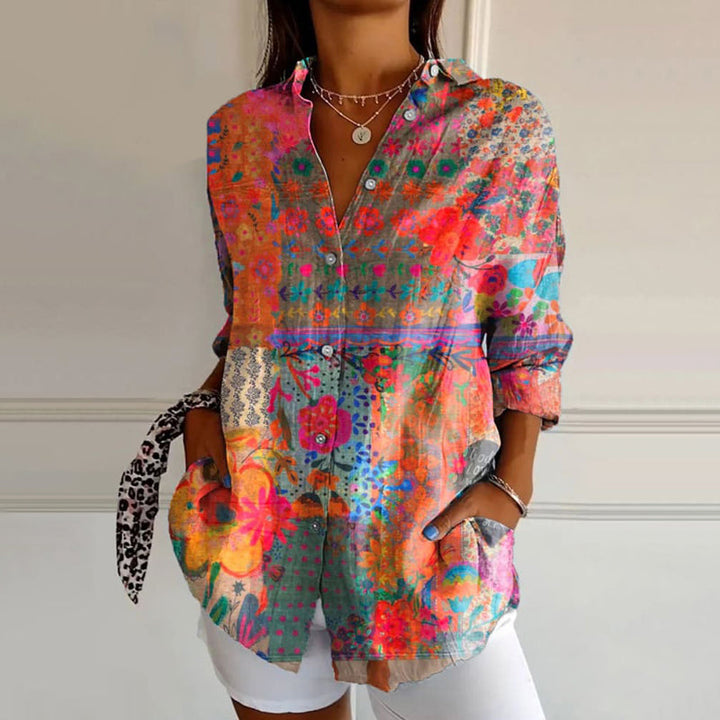 Solange | Mixed Floral Print Button-Down Tunic Blouse