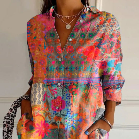 Solange | Mixed Floral Print Button-Down Tunic Blouse