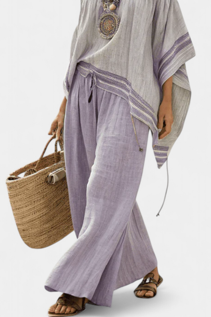 Ibiza | Boho Linen Co-Ord Set – Women's Off Shoulder Top & Wide Leg Pants