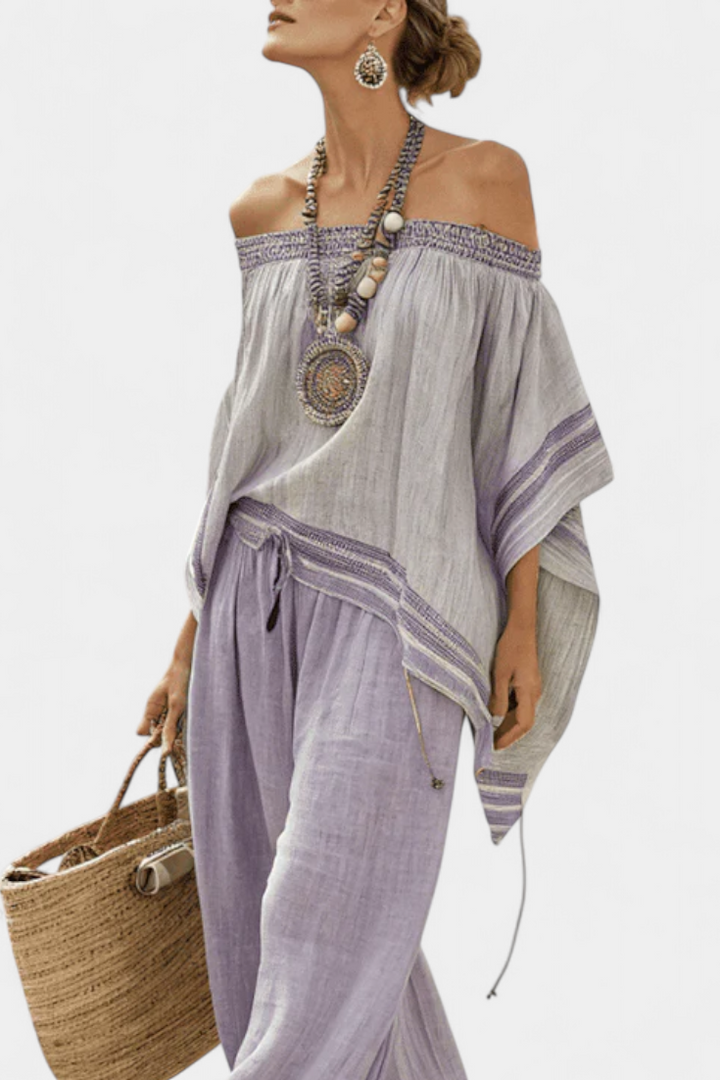 Ibiza | Boho Linen Co-Ord Set – Women's Off Shoulder Top & Wide Leg Pants