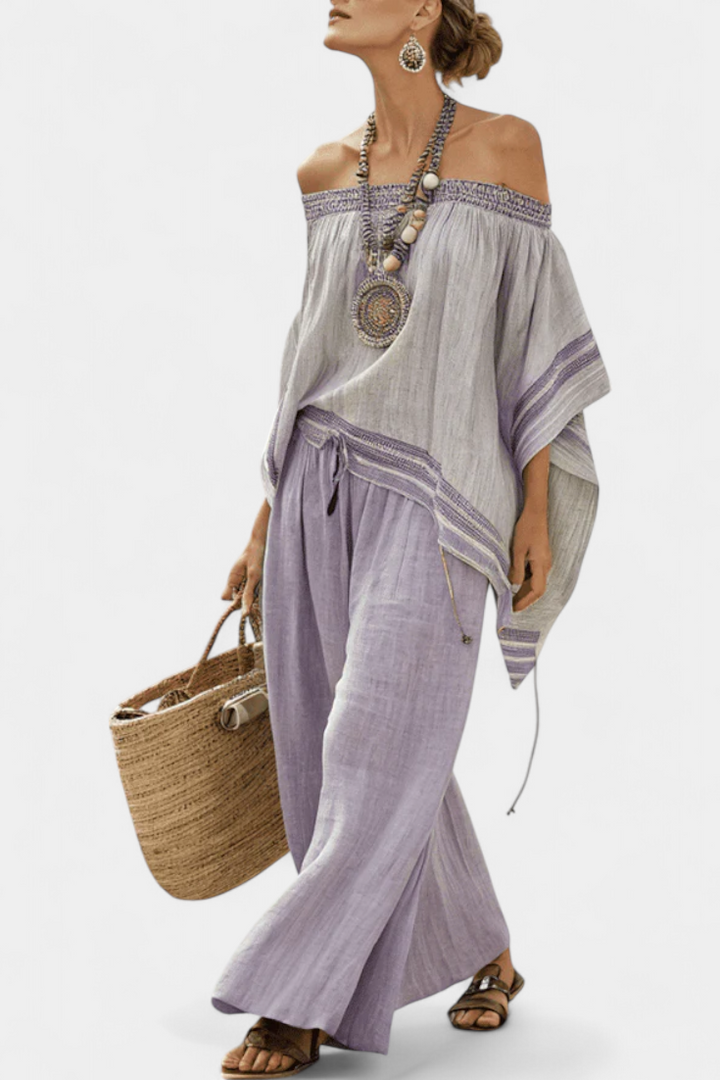 Ibiza | Boho Linen Co-Ord Set – Women's Off Shoulder Top & Wide Leg Pants