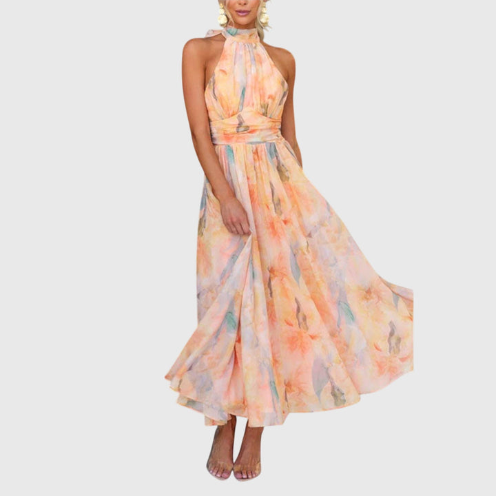 Solène | Watercolour Print Ruched Halter Neck Maxi Dress in Chiffon