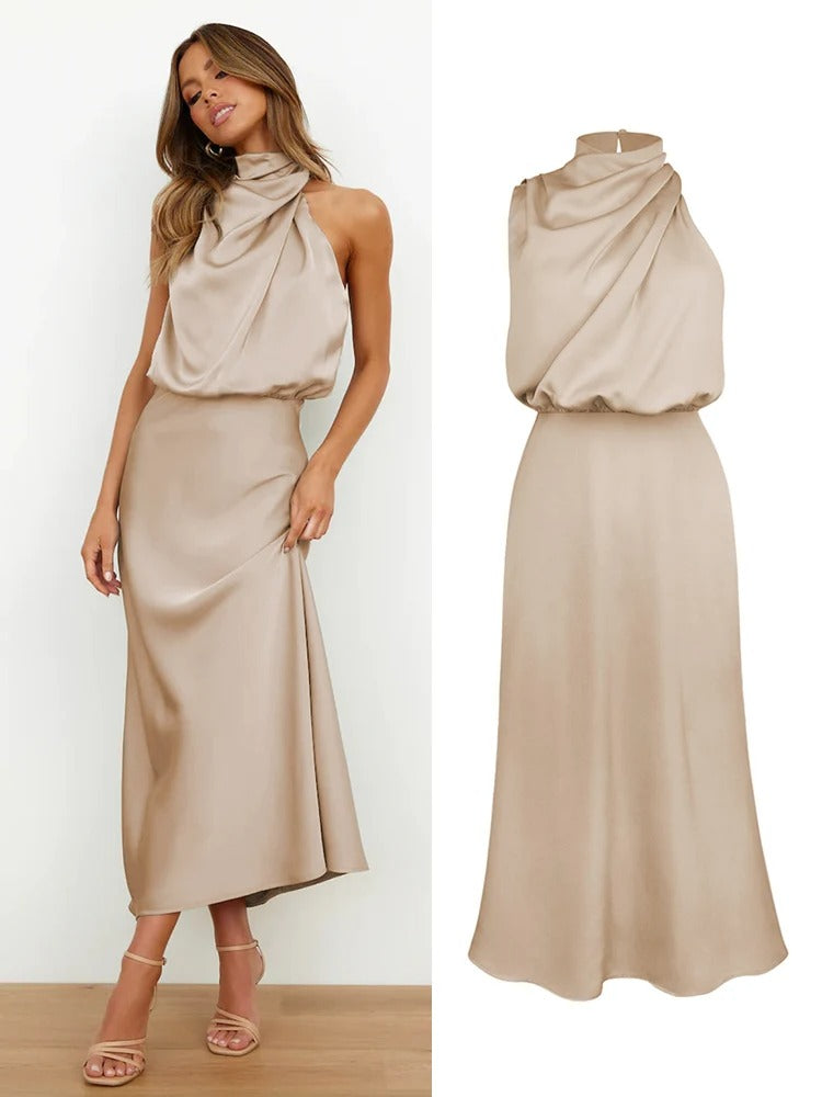 Calienne | Cowl Draped Halter Neck Maxi Dress with Elasticated Waist