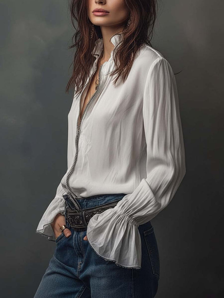 Sage | Frill Cuff Lace Trim Button Womens Blouse
