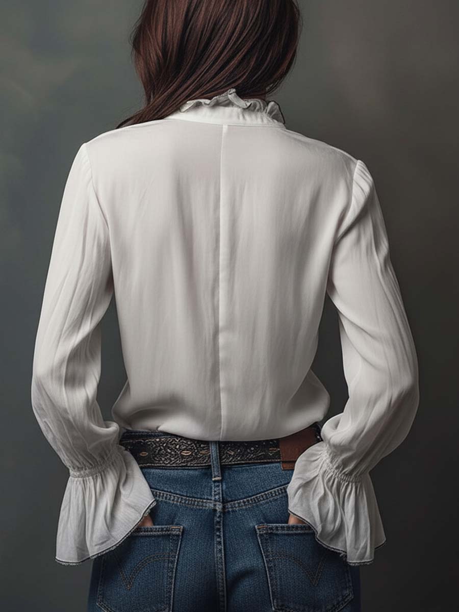 Sage | Frill Cuff Lace Trim Button Womens Blouse