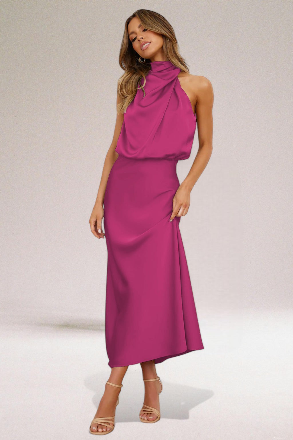 Isolde | High Neck Draped Cowl Satin Maxi Formal Dress