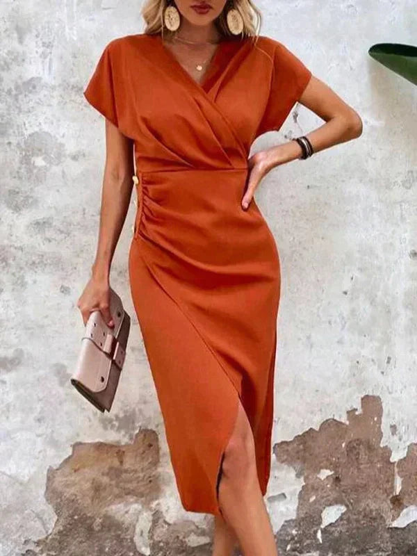 Olivia Dress - Orange V-Neck Midi Dress with Split