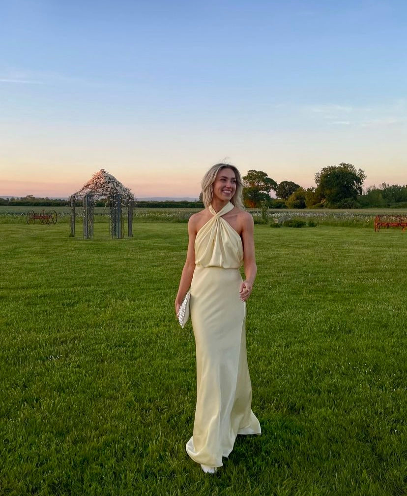 Delphine | Twisted Knot Gathered Halter Neck Maxi Dress in Satin
