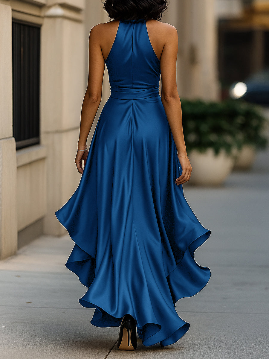 Odette | Halter V-Neck Bow Tie Ruffle Hem Satin Maxi Formal Dress