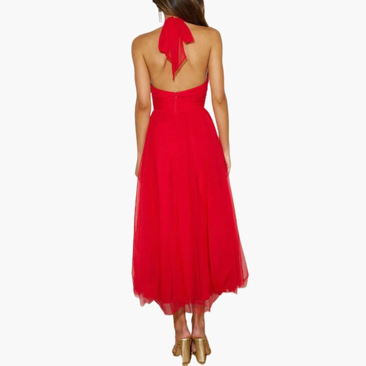 Celestine | Tulle Bow-Tie Halter Neck Maxi Dress with Full Skirt