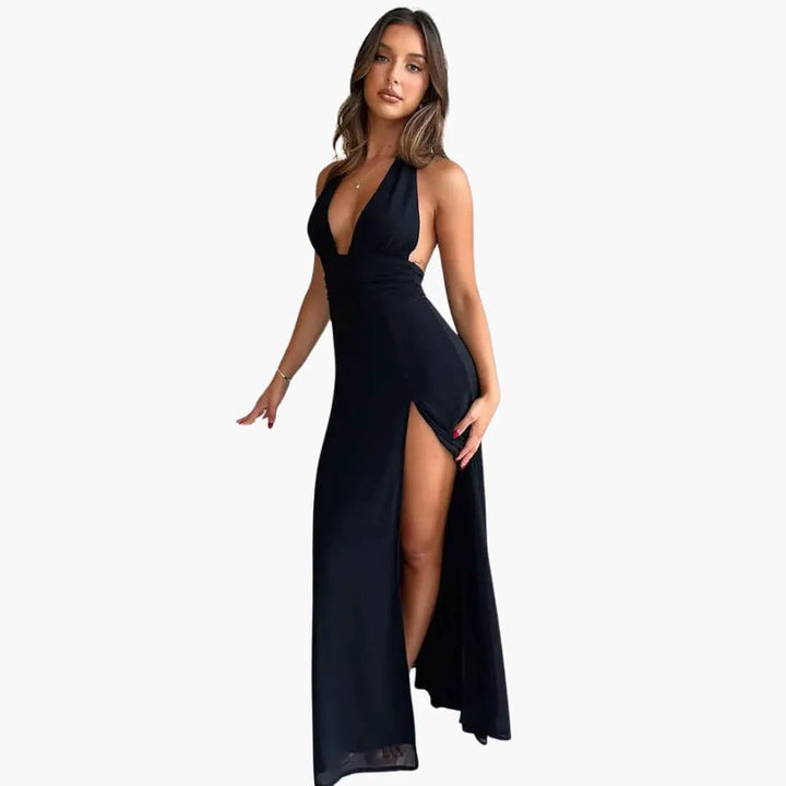 Rossana | Deep V-Neck Halter Neck Maxi Dress with Thigh-High Split