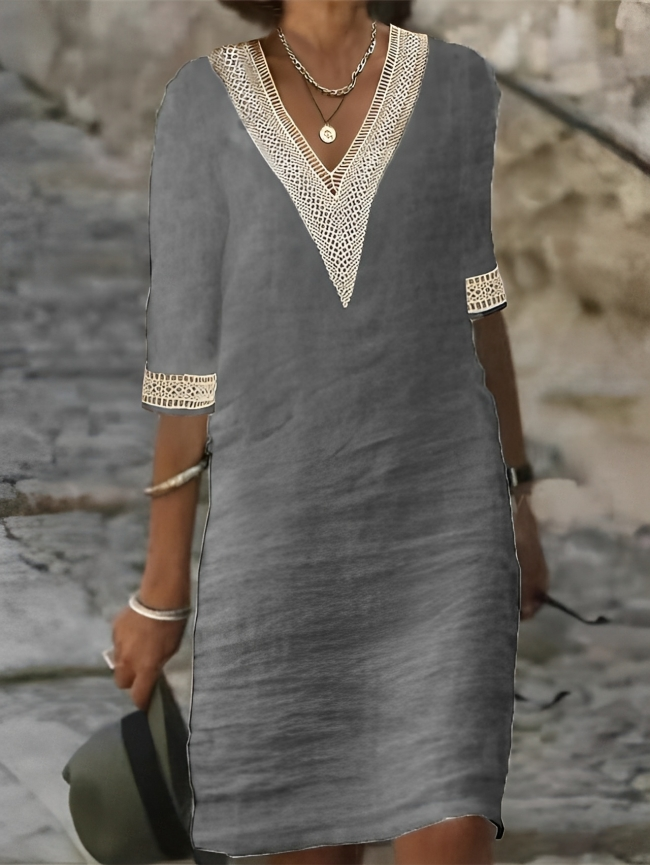 Grecian | Crochet Trim V-Neck Linen Summer Dress