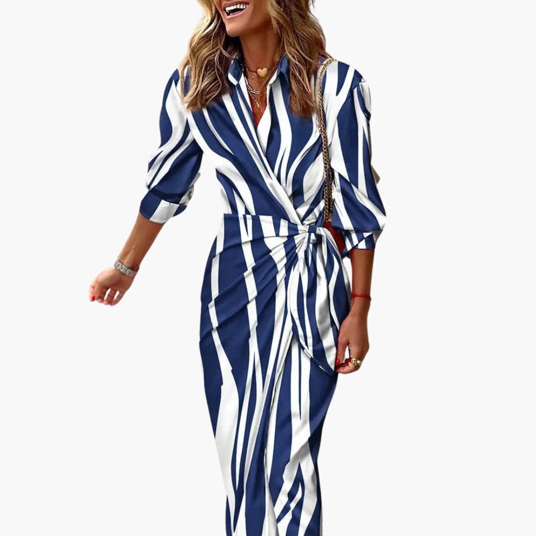 Zara | Bold Stripe Wrap Midi Dress – Elegant Shirt Dress