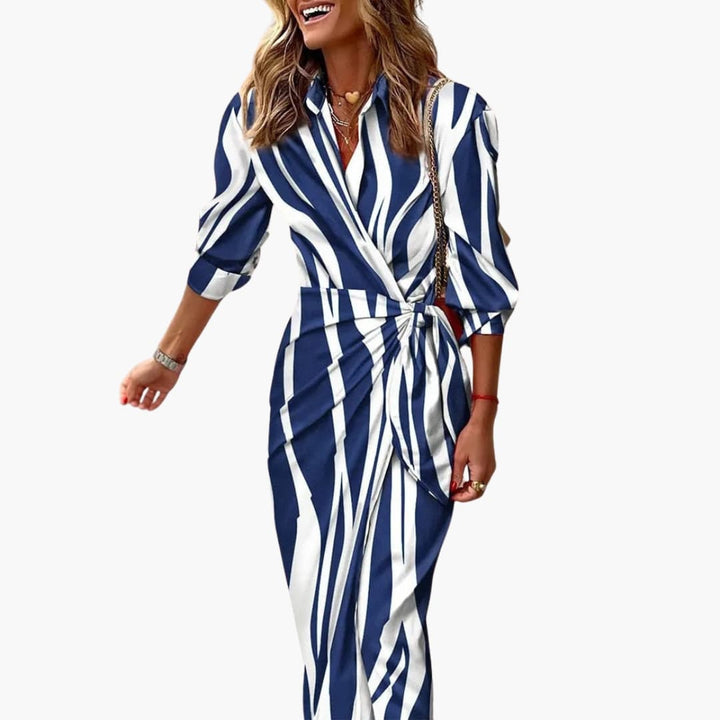 Zara | Bold Stripe Wrap Midi Dress – Elegant Shirt Dress
