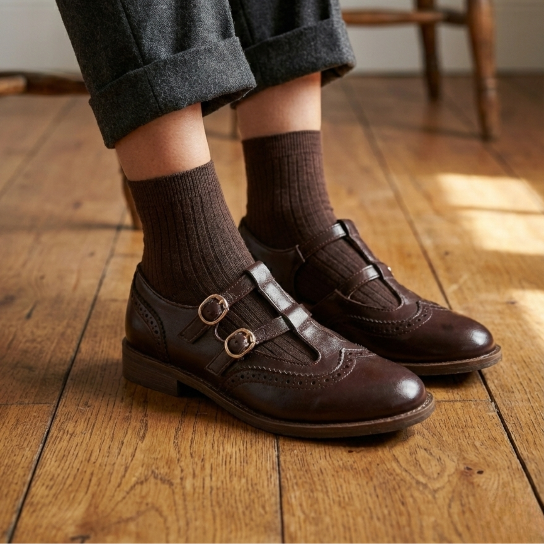 Brogue | Double Buckle T-Bar Leather Mary Jane Flats