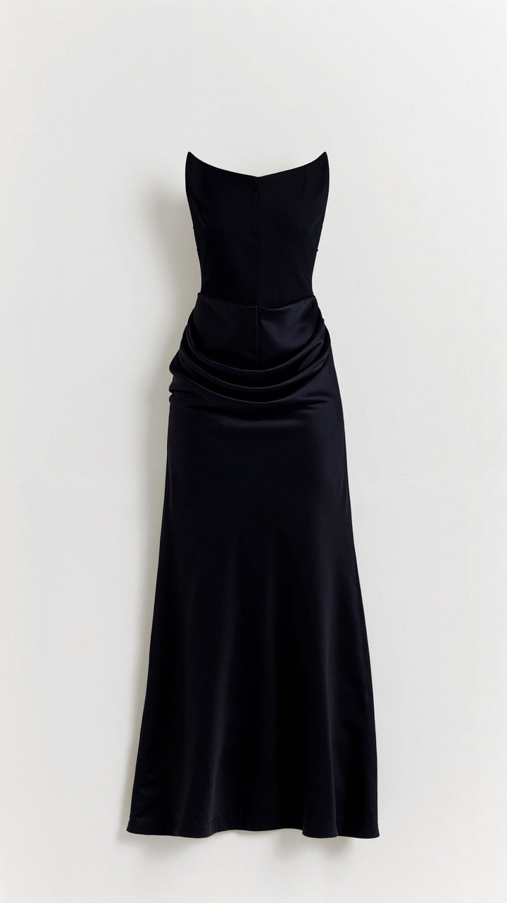 Adrienne | Strapless Corset Ruched Satin Maxi Formal Dress