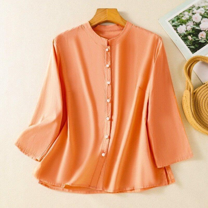 Cleo | Pearl Button Silk Blouse – Women's Elegant Flare Sleeve Top