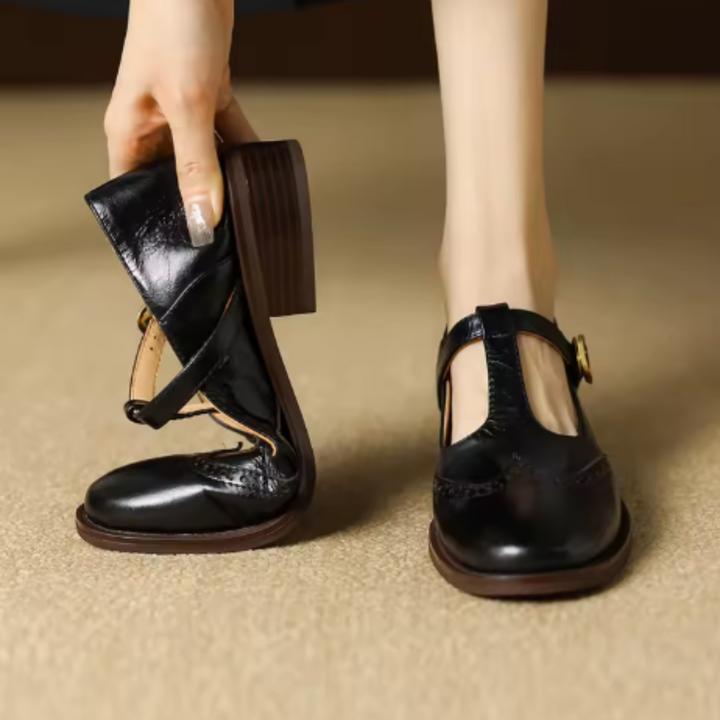 Beatrice | Pebbled Leather T-Bar Brogue Mary Jane Flats