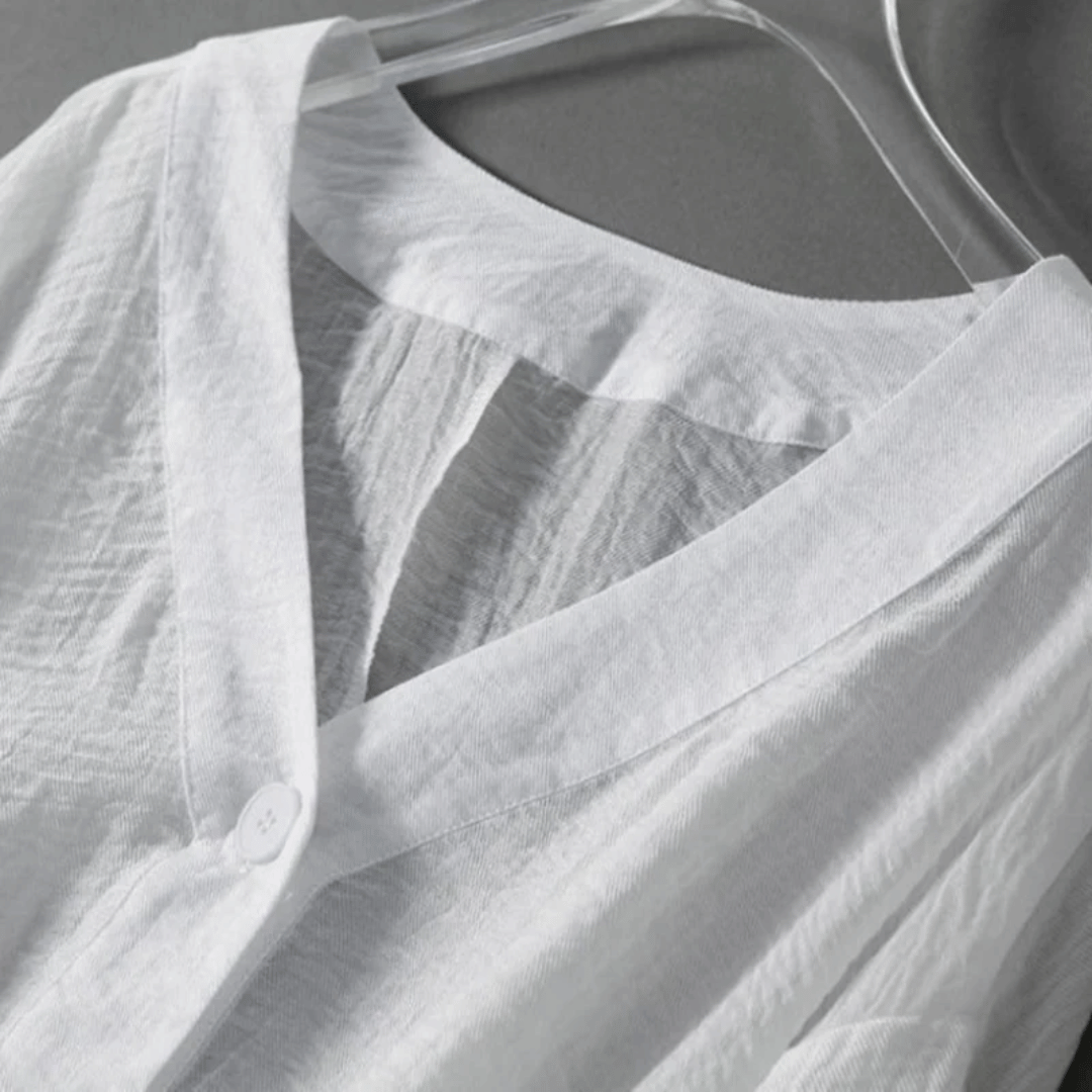 Marlen | V Neck Balloon Sleeve Button Linen Womens Blouse