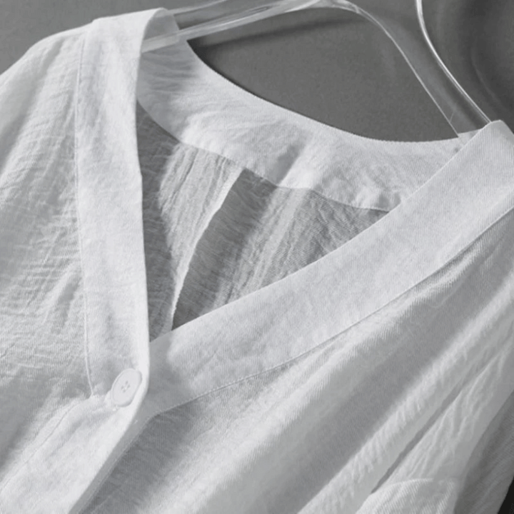 Marlen | V Neck Balloon Sleeve Button Linen Womens Blouse