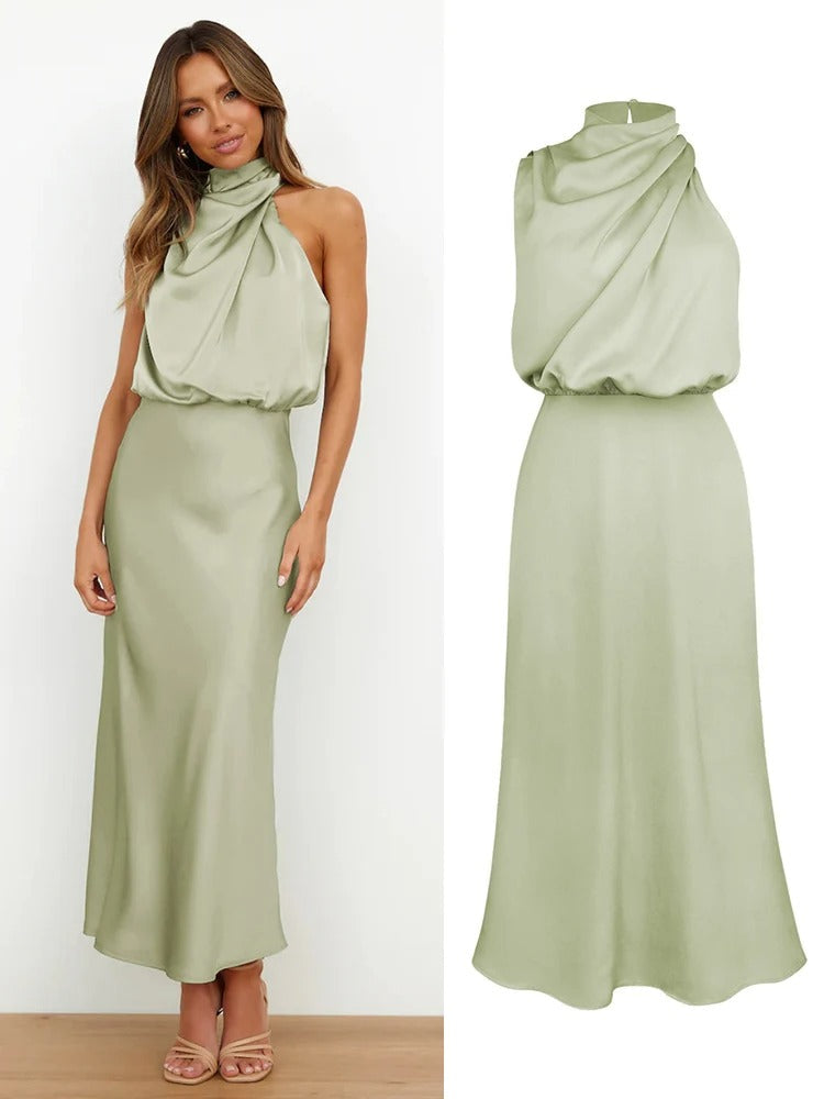 Calienne | Cowl Draped Halter Neck Maxi Dress with Elasticated Waist