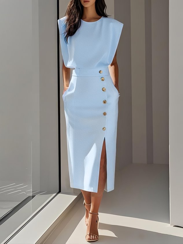 Vance | Padded Shoulder Gold Button Slit Midi Dress