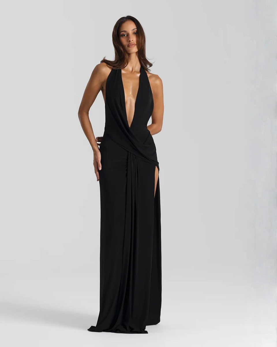 Solange | Draped Cowl Neck Backless Halter Neck Maxi Dress