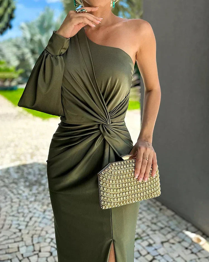 Rowena | One Shoulder Twist Knot Long Sleeve Maxi Fall Wedding Guest Dress