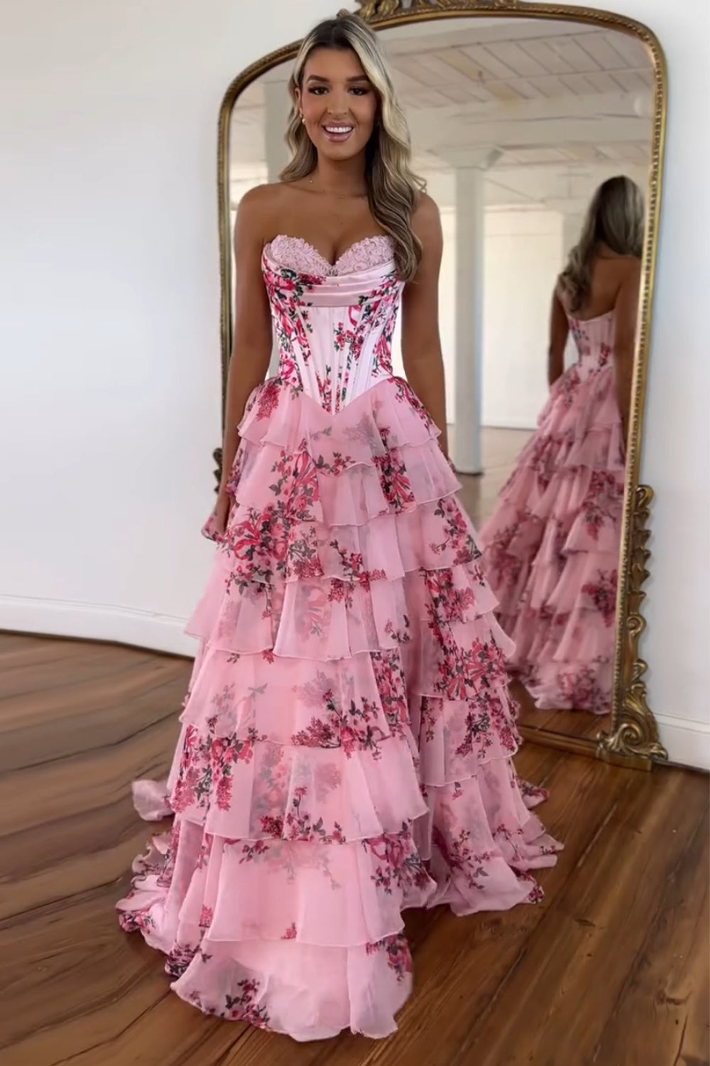 Flora | Floral Tiered Ruffle Corset Maxi – Wedding Guest Dresses