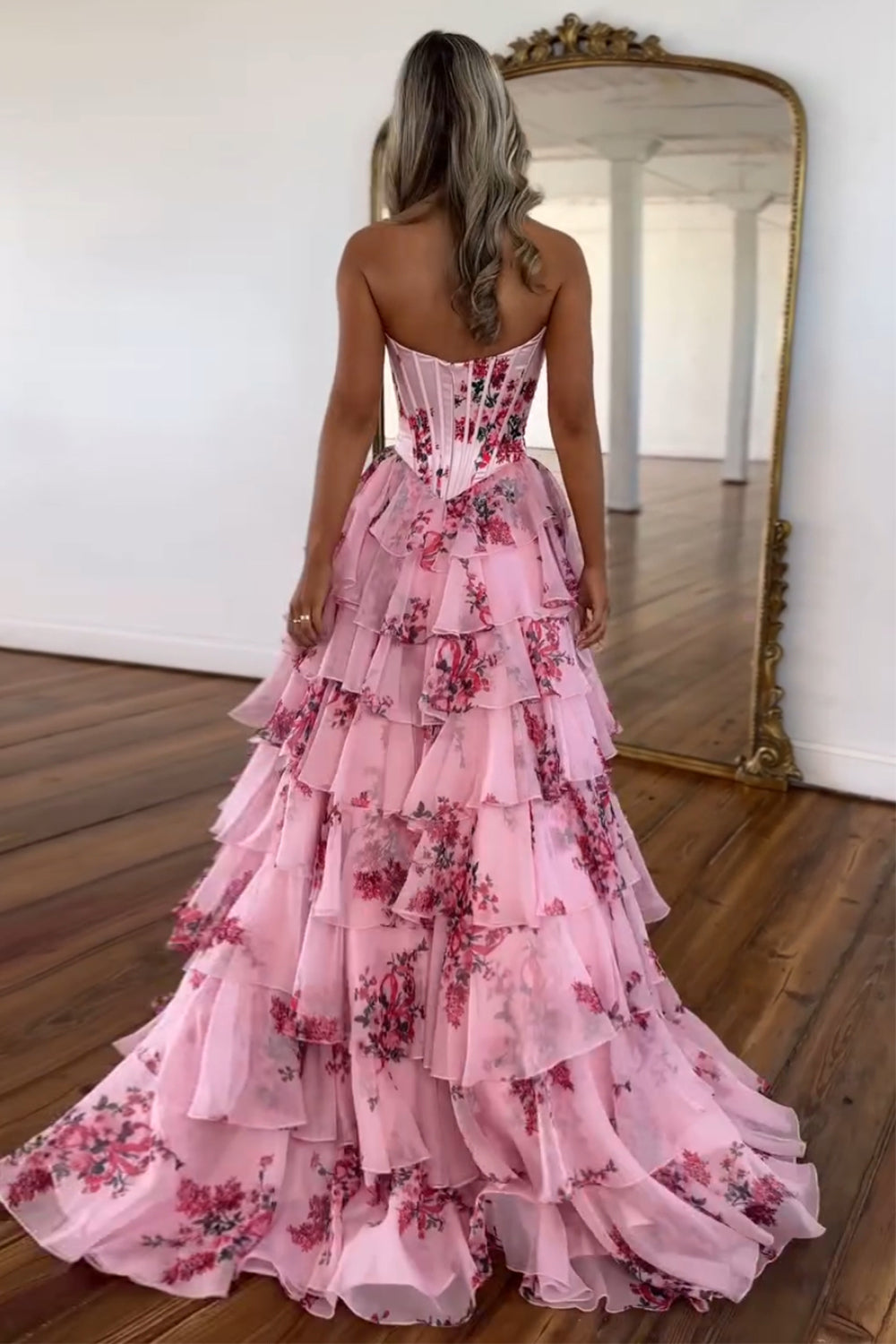 Flora | Floral Tiered Ruffle Corset Maxi – Wedding Guest Dresses