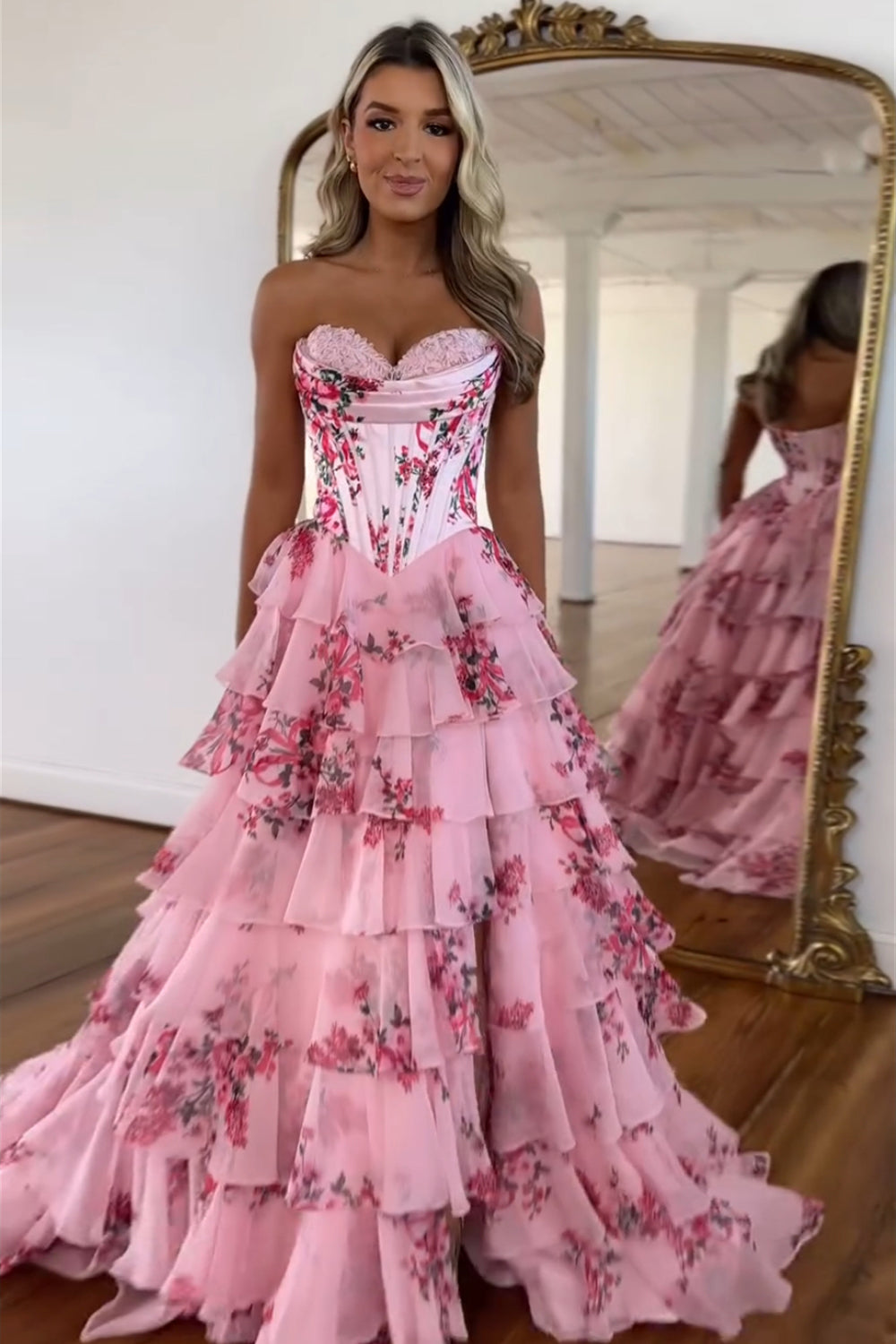 Flora | Floral Tiered Ruffle Corset Maxi – Wedding Guest Dresses