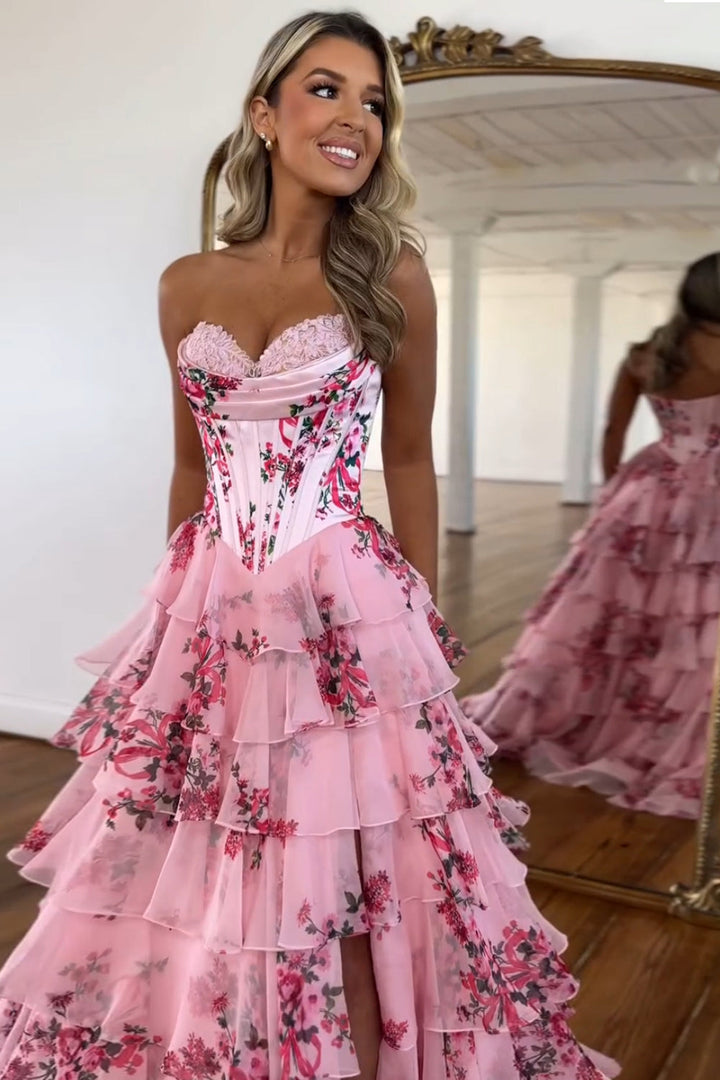 Flora | Floral Tiered Ruffle Corset Maxi – Wedding Guest Dresses