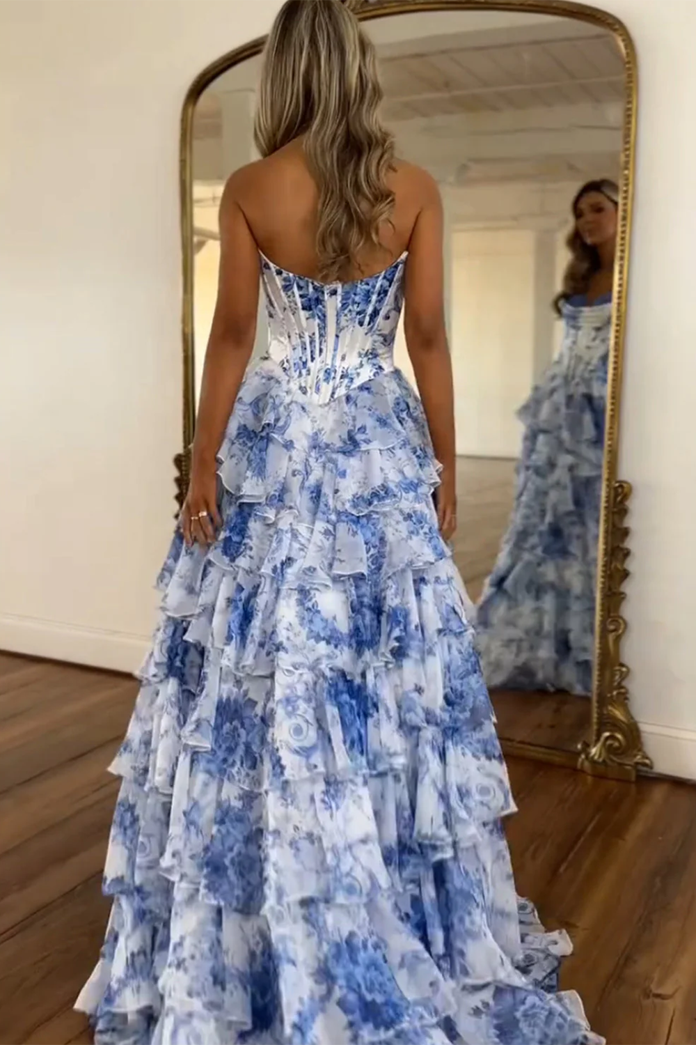Flora | Floral Tiered Ruffle Corset Maxi – Wedding Guest Dresses