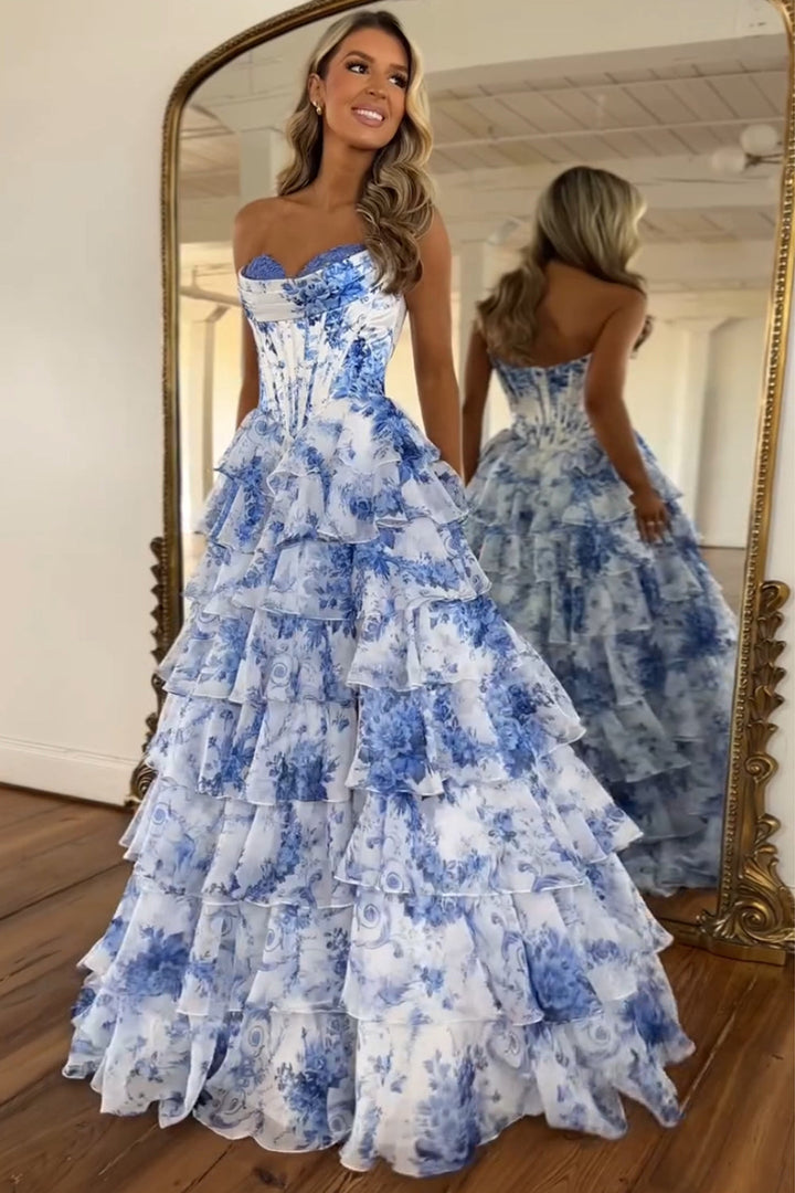 Flora | Floral Tiered Ruffle Corset Maxi – Wedding Guest Dresses