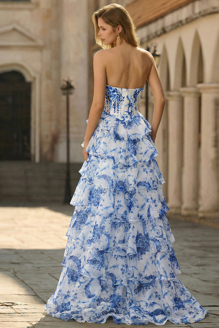 Flora | Floral Tiered Ruffle Corset Maxi – Wedding Guest Dresses