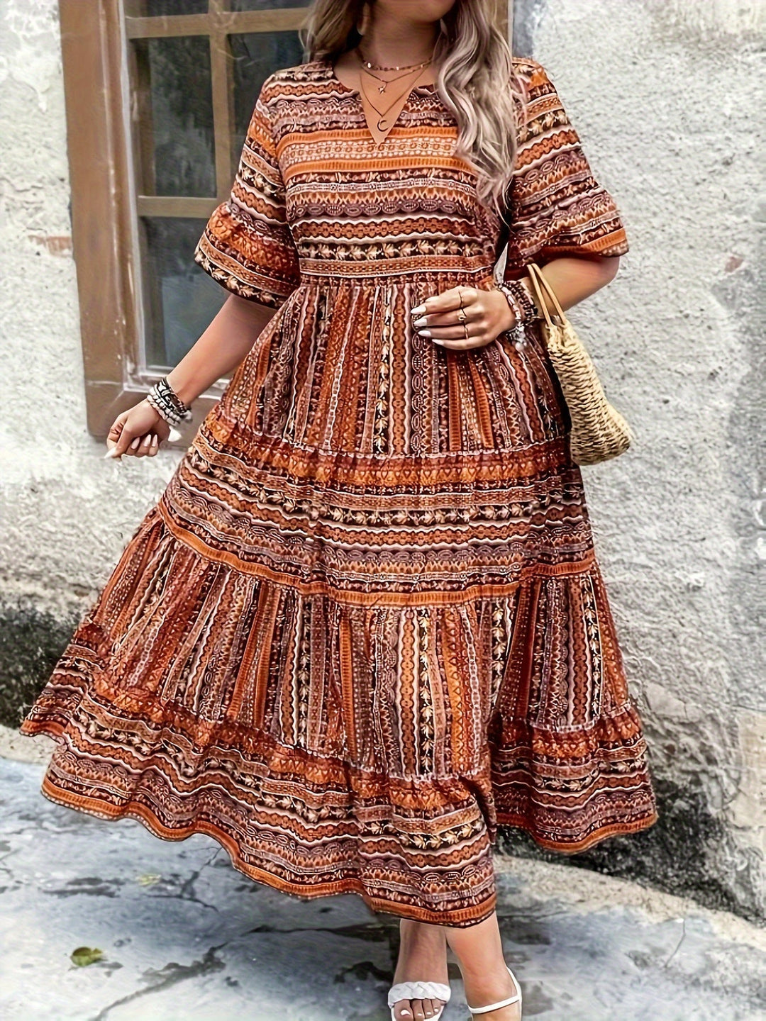 Calindra | Ethnic Stripe Print Smocked Tiered Boho Dress
