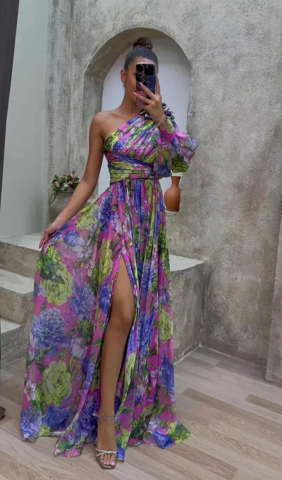Floriana | Puff Sleeve One Shoulder Dress Floral Maxi