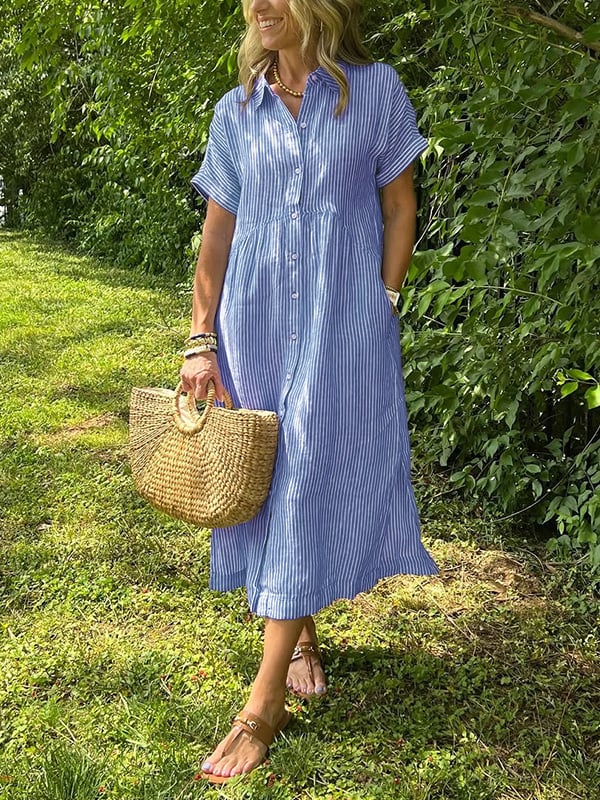Brielle | Striped Shirt Dress – Casual Linen Midi Summer Dress