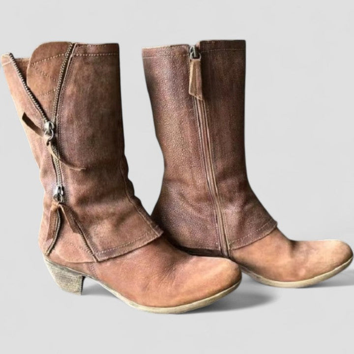 Rustler | Distressed Leather Zip Detail Mid Calf Womens Cowboy Boots
