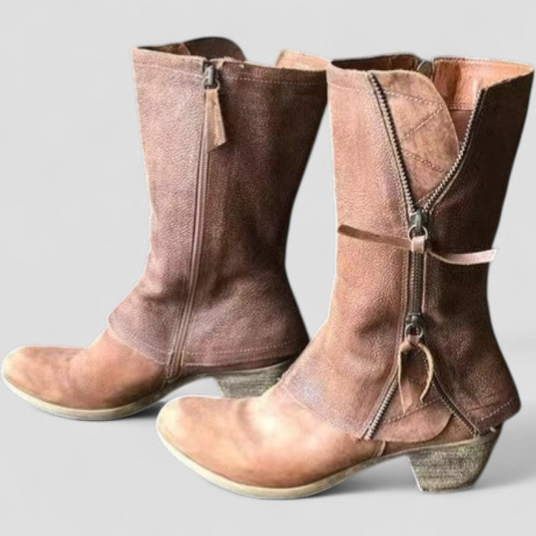 Rustler | Distressed Leather Zip Detail Mid Calf Womens Cowboy Boots