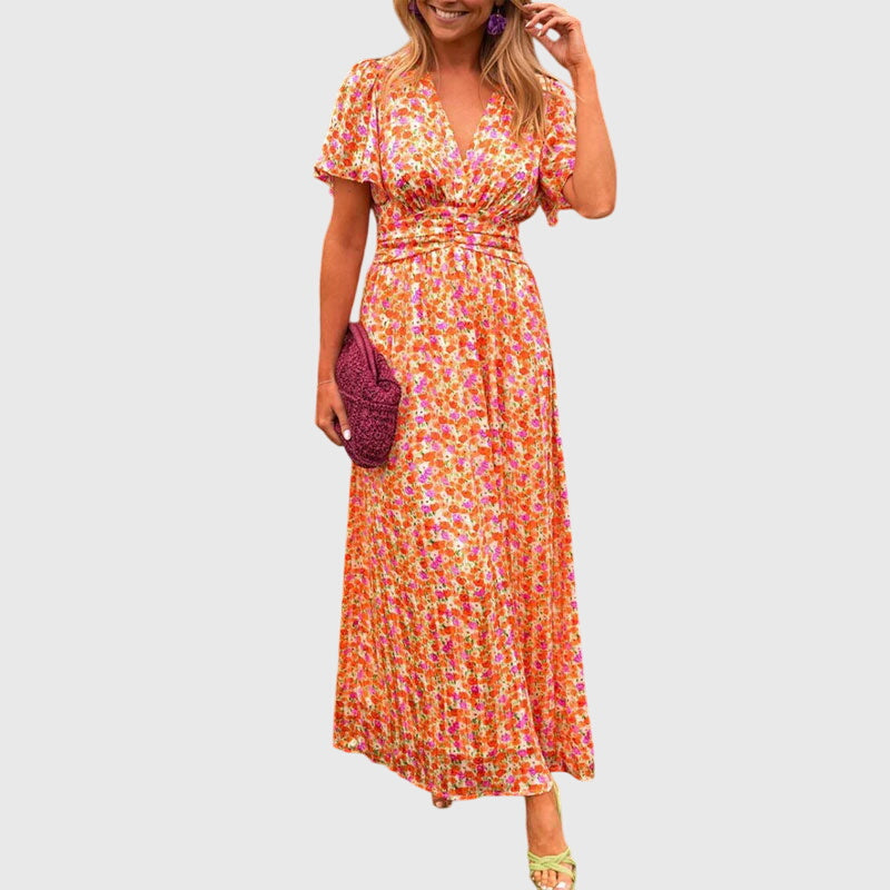 Marigold | Floral Ruched-Waist Pleated Maxi Summer Dress