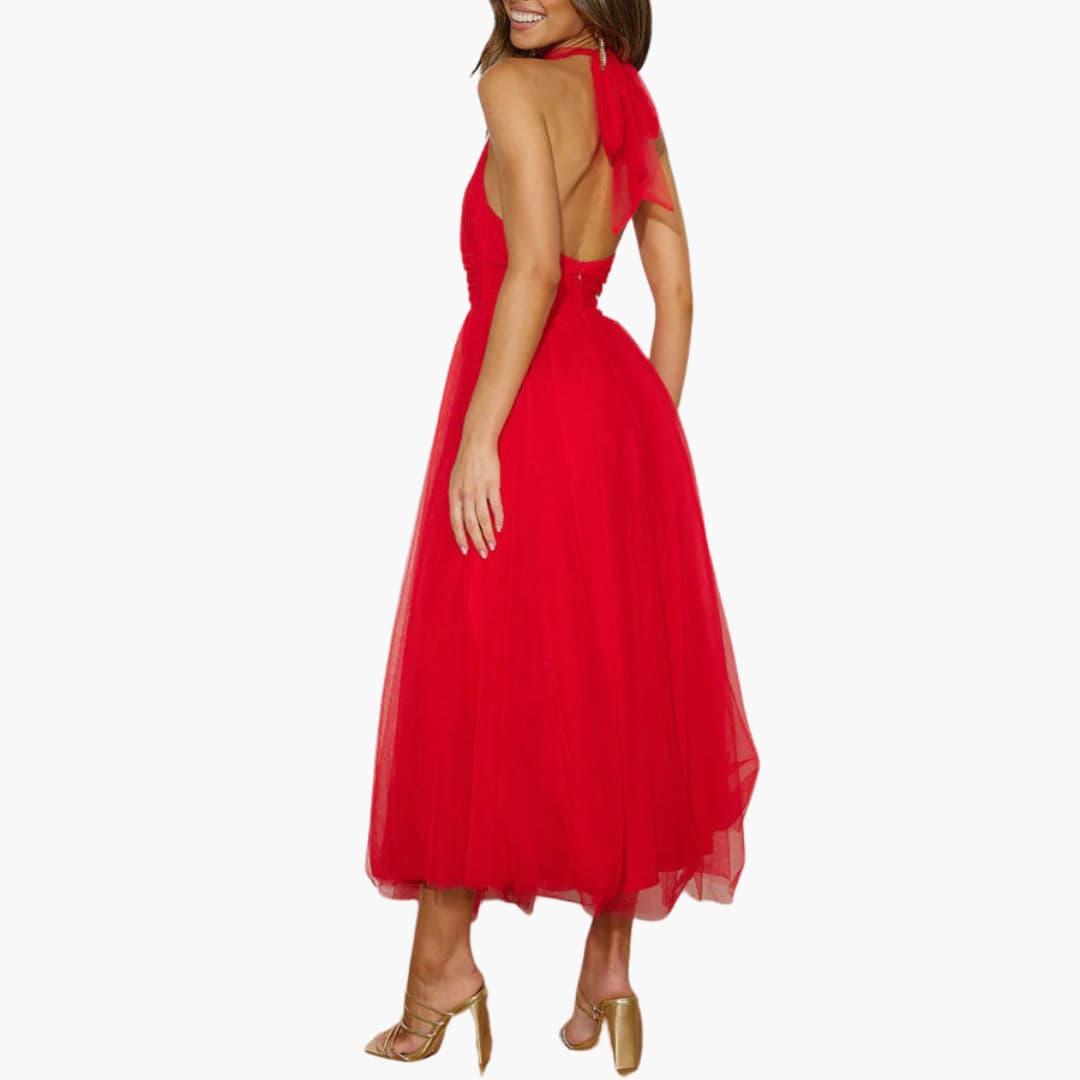 Celestine | Tulle Bow-Tie Halter Neck Maxi Dress with Full Skirt