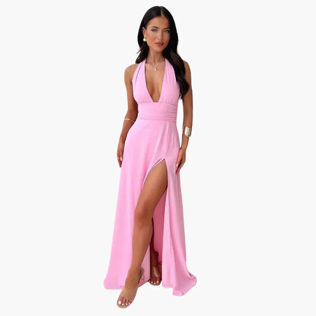 Rossana | Deep V-Neck Halter Neck Maxi Dress with Thigh-High Split