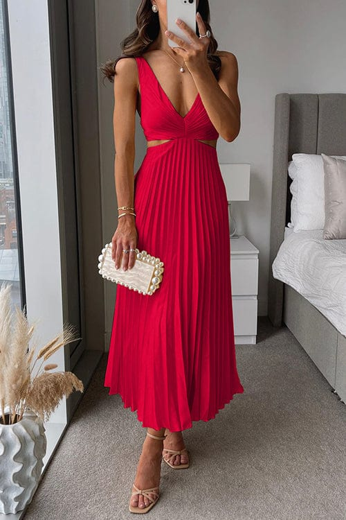 Aurore | Cut-Out V-Neck Womens Pleated Midi Dress with Waist Cut outs