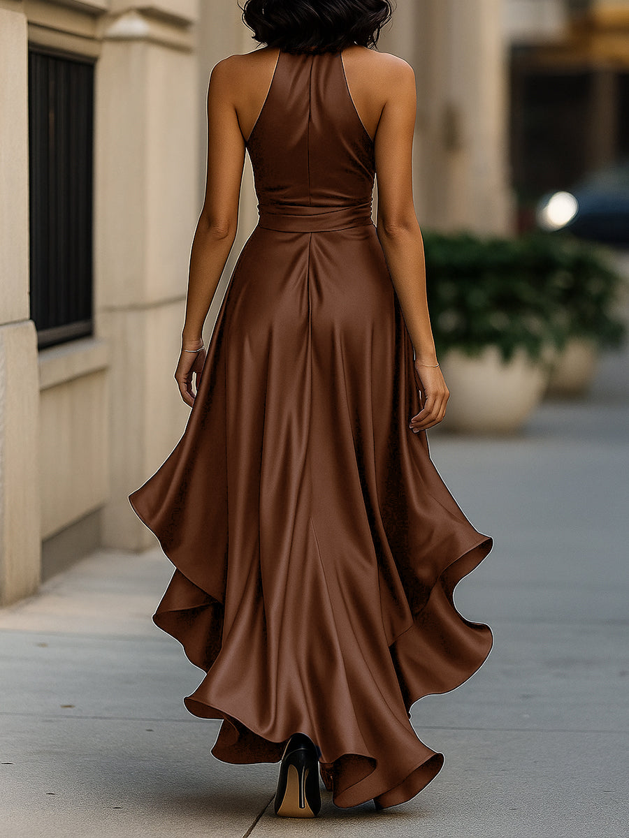 Odette | Halter V-Neck Bow Tie Ruffle Hem Satin Maxi Formal Dress