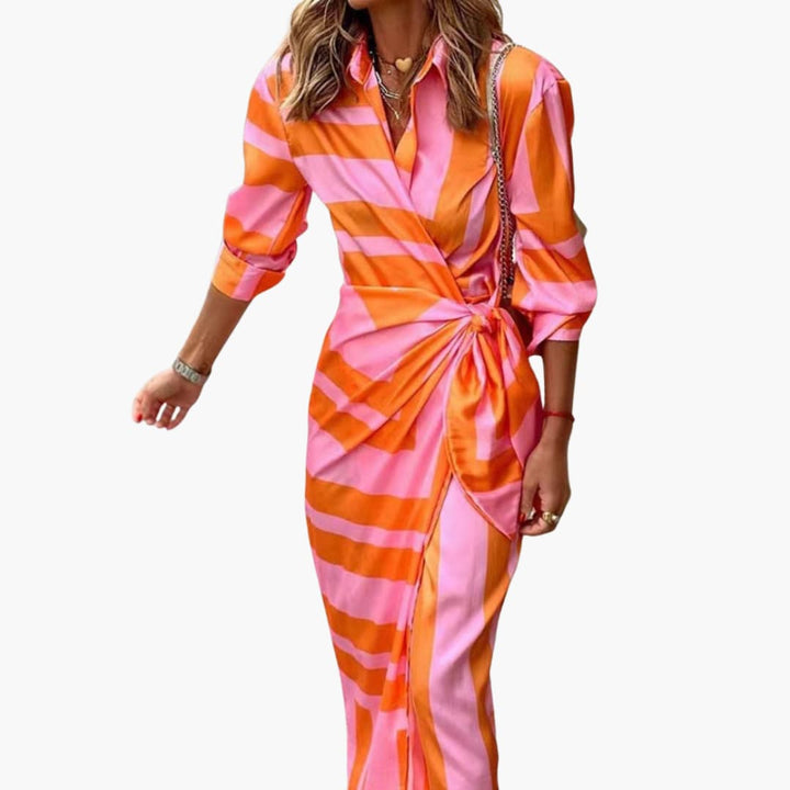 Zara | Bold Stripe Wrap Midi Dress – Elegant Shirt Dress
