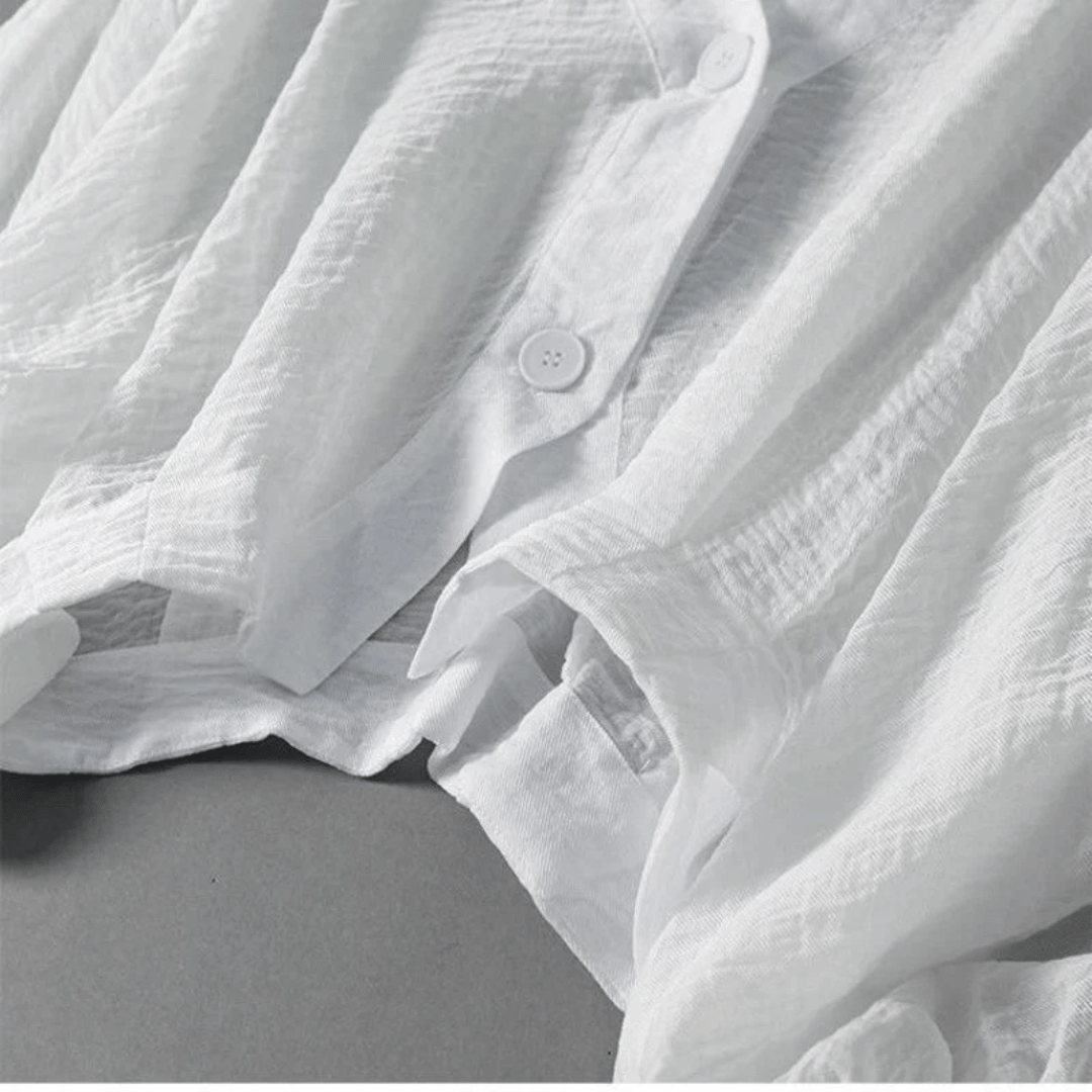 Marlen | V Neck Balloon Sleeve Button Linen Womens Blouse